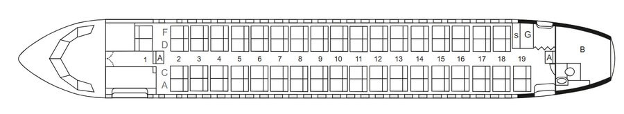 Схема салона ATR 72-212A КрасАвиа: 72 места, 19 рядов по схеме 2-2